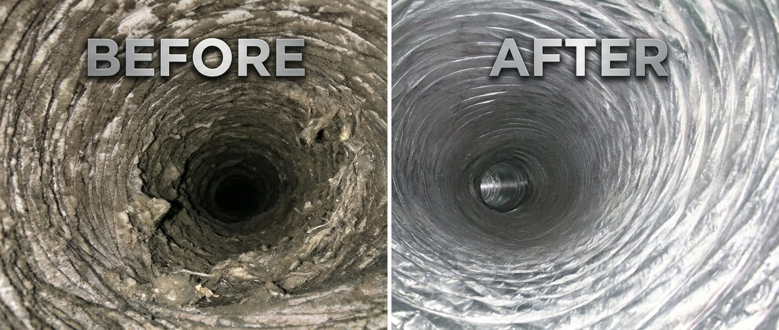 Before and after air duct cleaning showing buildup removed from a duct interior